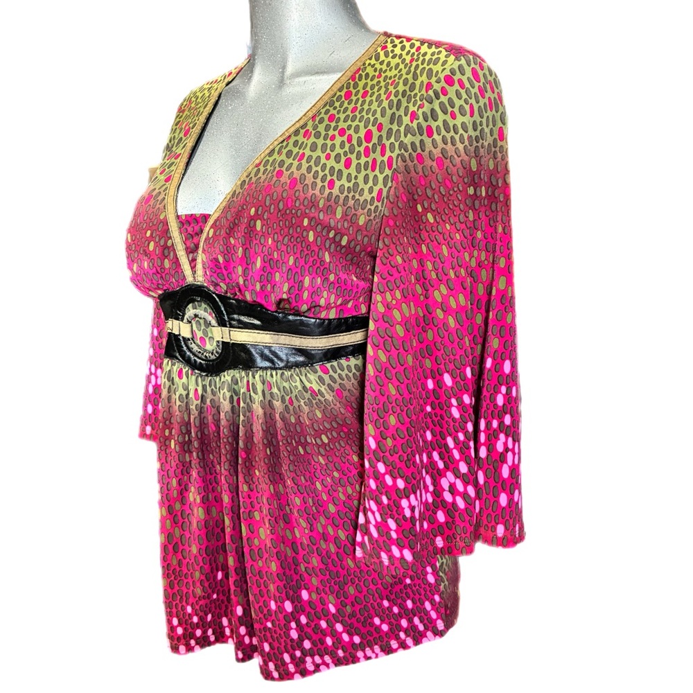 Bisou Bisou Pink/Green Babydoll Blouse Cinch Belt V Neck Bat-Wing Sz Medium Rave